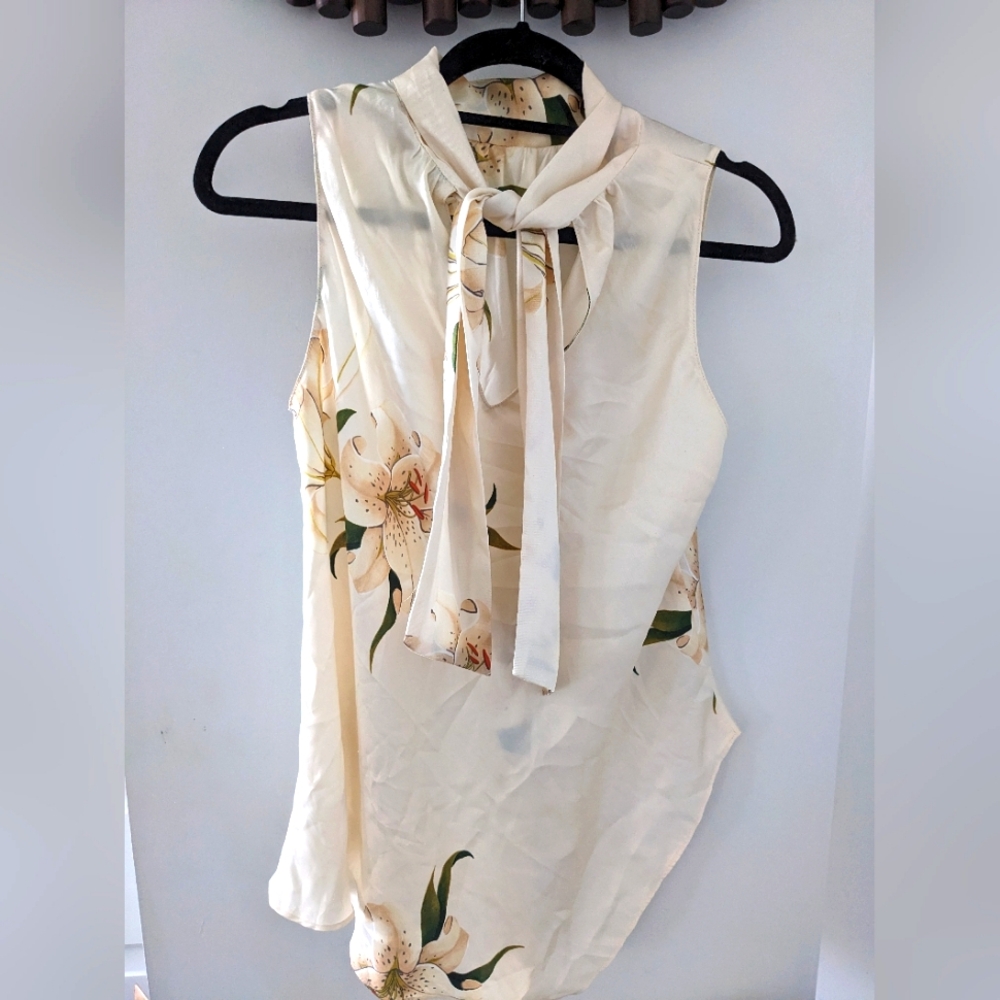 Zara Women's Floral Cream Sleeveless Tie Front Blouse - Size US M - NWOT